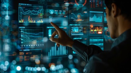 Poster - A man is pointing at a computer screen with a lot of graphs and numbers