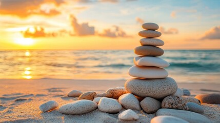 Wall Mural - Towering stack of balanced pebbles on a sandy beach, with a calm ocean and sunset in the background