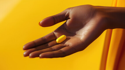 hand of black woman holding vitamin supplement branding white pills nutritional pharmaceutical healt