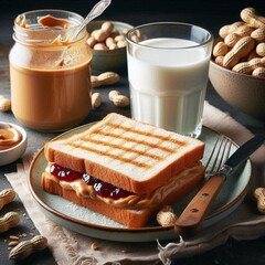 A dish of milk and peanut butter bread