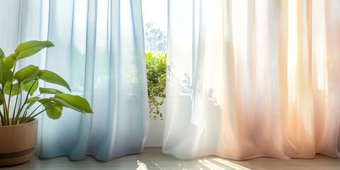 Canvas Print - Sunlight through sheer curtains and potted plant.