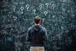 © Suryadil - Man stands facing a blackboard covered in question marks and scribbles.