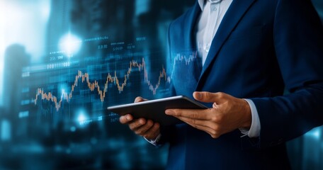 Poster - The image shows a businessman using a laptop computer to analyze trade data with a stock exchange graph displayed on screen. Financial stock market trade, foreign exchange.