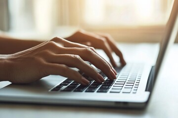 Poster - hands of business woman on laptop keyboard on table, online working from home office, searching info