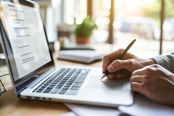 Poster - an online student writes on his notebook while studying from home using a laptop computer