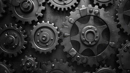 Aufkleber - Retro black and white background of industrial cogs or gears with movement