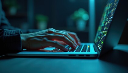 Hacker Typing on Laptop in Dark Room