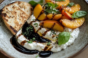 Close up of a plate of grilled peaches with ricotta cheese, balsamic glaze, and basil.