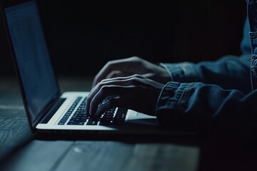 Wall Mural - The hands of a businesswoman typing on her laptop computer, surfing the web with her mobile phone, using her digital tablet on her office desk, close up, telecommuting concept.