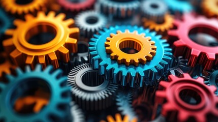 Poster - Colorful metallic gears interlocking representing teamwork and collaboration