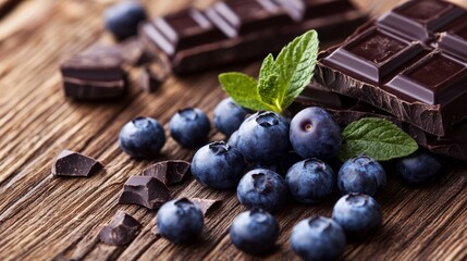 Fresh blueberries and chocolate pieces on a rustic wooden surface.