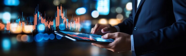 Poster - Graph chart showing sales data and economic growth of a businessman analyzing sales data using a digital tablet. Finance, investment and business strategy and planning.