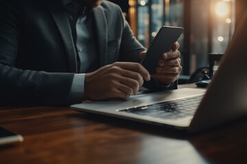 Poster - A businessman surfing the internet, networking on computer devices at a desk and using his mobile phone during work on a laptop computer.