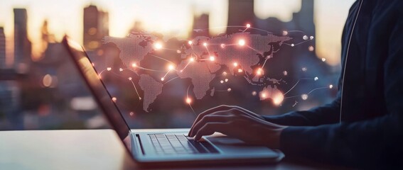 Poster - An icon of digital marketing, global business, internet network technology, and IoT Internet of Things. Person using modern computer with social media marketing icon, global network.