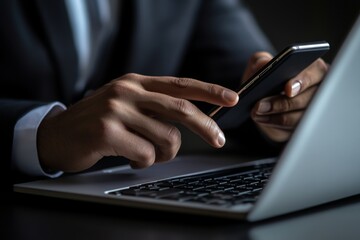 Canvas Print - Close-up of a businessman using a laptop computer at an office table, using a mobile phone and typing on the laptop, searching for information.