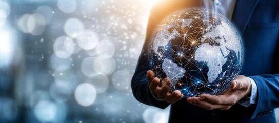 Poster - Concept of a global internet network, global business, Internet of Things. Businessman with digital tablet, social networking, digital marketing, innovative technology background.