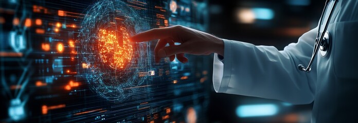 Poster - A doctor holding a stethoscope reaches out to connect to a global medical healthcare network in a modern, futuristic hospital