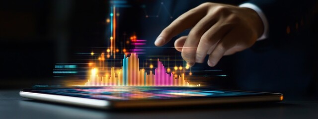 Poster - An entrepreneur analyzes financial graph growth, develops business partnerships with global networks, and plans business investment strategies to increase sales data.