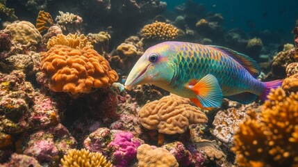 A vibrant fish swimming among colorful coral reefs in a clear ocean environment.