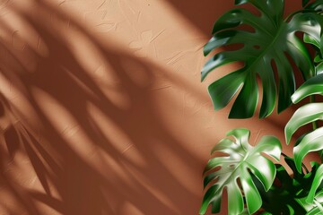 Flat lay frame with monstera green leaves on brown background with copy space. desktop wallpaper with monstera leaves. backdrop or green leafy tropical forest patterns for design elements.