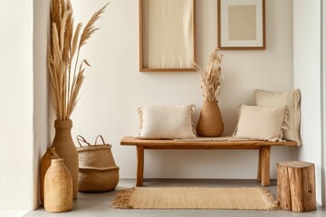 Bench made of wood near a white wall with two frames. Modern farmhouse, country, bohemian interior design.