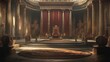 © Hamsya - A throne room with a red velvet throne, ornate columns and a large round rug on the floor.