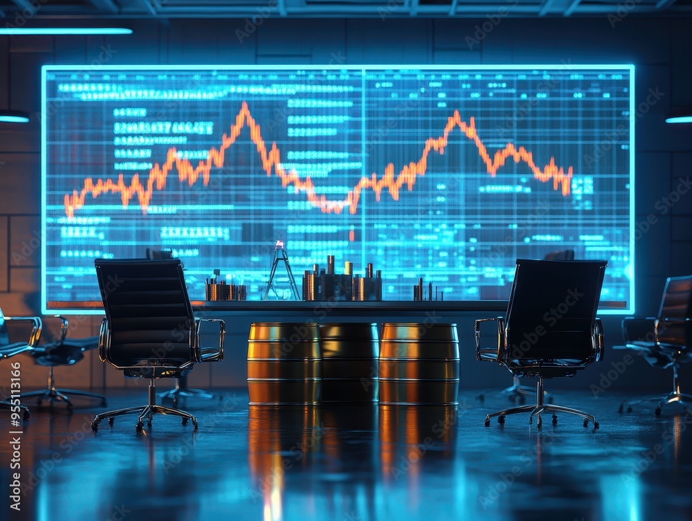 Modern office with digital stock market display, showcasing financial ...