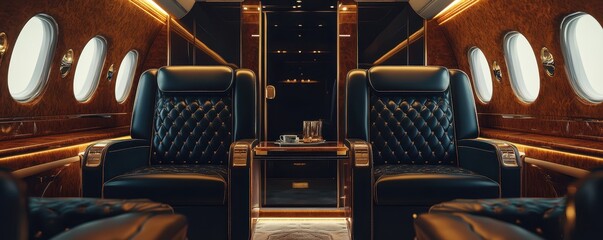 Luxurious interior of a private jet featuring elegant leather seats and beautiful wooden accents for a premium travel experience.