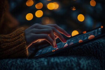 Poster - Hands of woman using digital tablets, fingers touching screen on office table, digital education, online working, freelance at work, business and technology