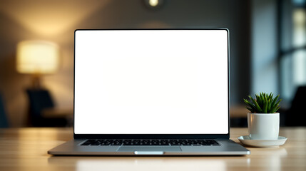 Poster - Mockup laptop with white blank screen on wooden desk, digital content presentation, embodying technology, business, and modern remote work lifestyle, copy space for design insertion