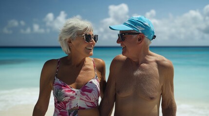 Wall Mural - Happy senior couple in love on a tropical beach.