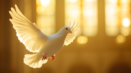 “A White Dove Flapping Its Wings in the Air with Sunlight Streaming Through, Symbolizing Peace, Freedom, and Hope, Capturing a Beautiful and Uplifting Moment in a Radiant and Serene Setting”
