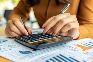 Poster - In the office, a businesswoman calculates financial reports with a calculator using a business document and laptop computer.