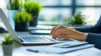 Poster - a businesswoman working on a laptop, planning a new startup project and surfing the internet with a 