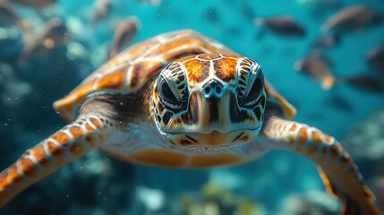 Curious Sea Turtle Exploring Colorful Coral Reef with Fish in Clear Blue Water