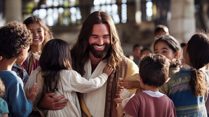 Jesus Christ surrounded by children from different cultures, with a warm smile on His face