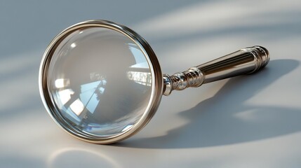 Magnifying glass icon, with a curved handle and a clear, convex lens, 3D icon