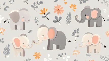 Whimsical illustration of cute elephants surrounded by colorful flowers and leaves, perfect for children's decor or design projects.