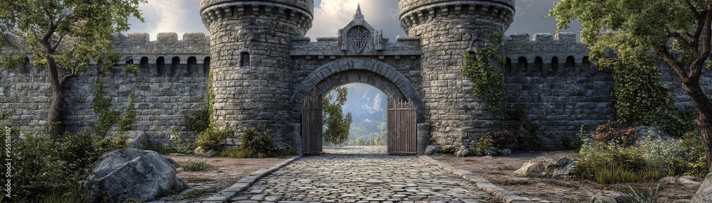 Medieval castle gatehouse, with a drawbridge, stone towers, and ...