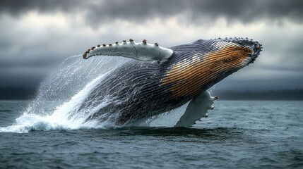 Majestic Humpback Whale Breaching in Sunlit Ocean Spray