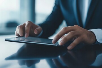 Front view of business woman reading and proofreading digital document on office table with digital tablet