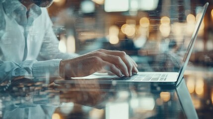 Poster - a businessman is typing on a laptop computer keyboard at a modern office.