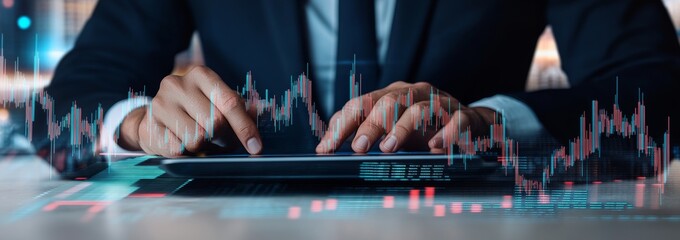 Poster - Financial data analysis concept for business finance and investments. Businessman using digital tablet to analyze sales data, economic graph growth chart and currency exchange.