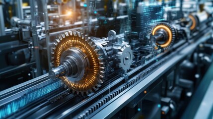 Digital factory powered by cloud automation, gears and machinery made of data, illustrating industrial performance optimization