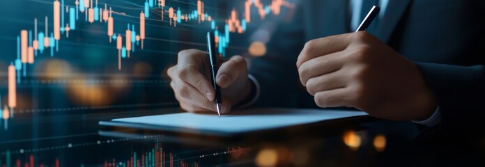 Poster - Graph of the stock market trading, forex graph, financial report on laptop computer with market summary. Businessman, broker analyzing stock market trading, forex graph, financial report on laptop
