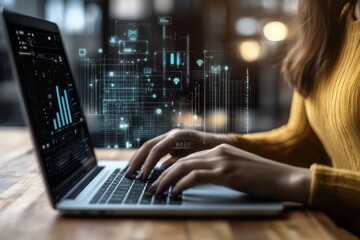 Poster - a businesswoman uses a digital tablet and a laptop computer at home while typing on the computer.