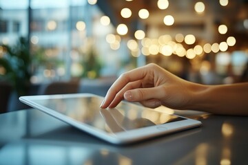 Poster - A business woman uses her finger to touch a digital tablet and works on her laptop computer on a table in the office