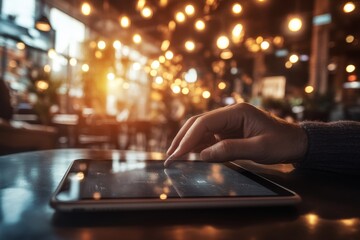 Poster - the finger of a business woman is touching a digital tablet as she works on her laptop computer on t