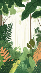 Wall Mural - A Lush Jungle Frame:  A vibrant illustration showcasing the beauty and mystery of a tropical rainforest, with layered foliage creating a captivating, natural frame.