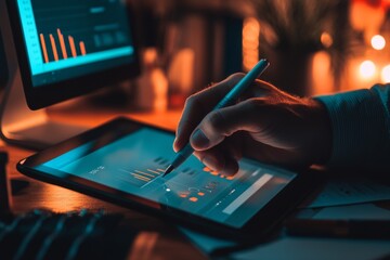 Poster - Woman holding and using stylus pen while working at home on mobile app while writing or drawing on digital tablet pc